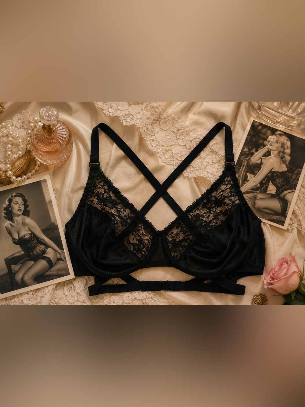 🎀Vintage🎀 70s Sexy Black Lace Underwire Bra Crisscross Back Size 38C